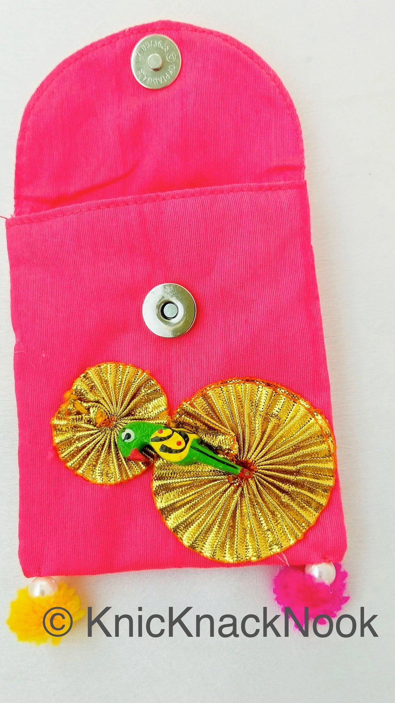 Cerize Pink Gift Envelope Pouch Embellished PomPoms Gold Ribbon Wood Parrot Designer Unique Gift Money Envelope Wedding Gift