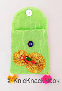 Thumbnail for Sulu Green Gift Envelope Pouch Embellished PomPoms Gold Ribbon Wood Parrot Designer Unique Gift Money Envelope Wedding Gift