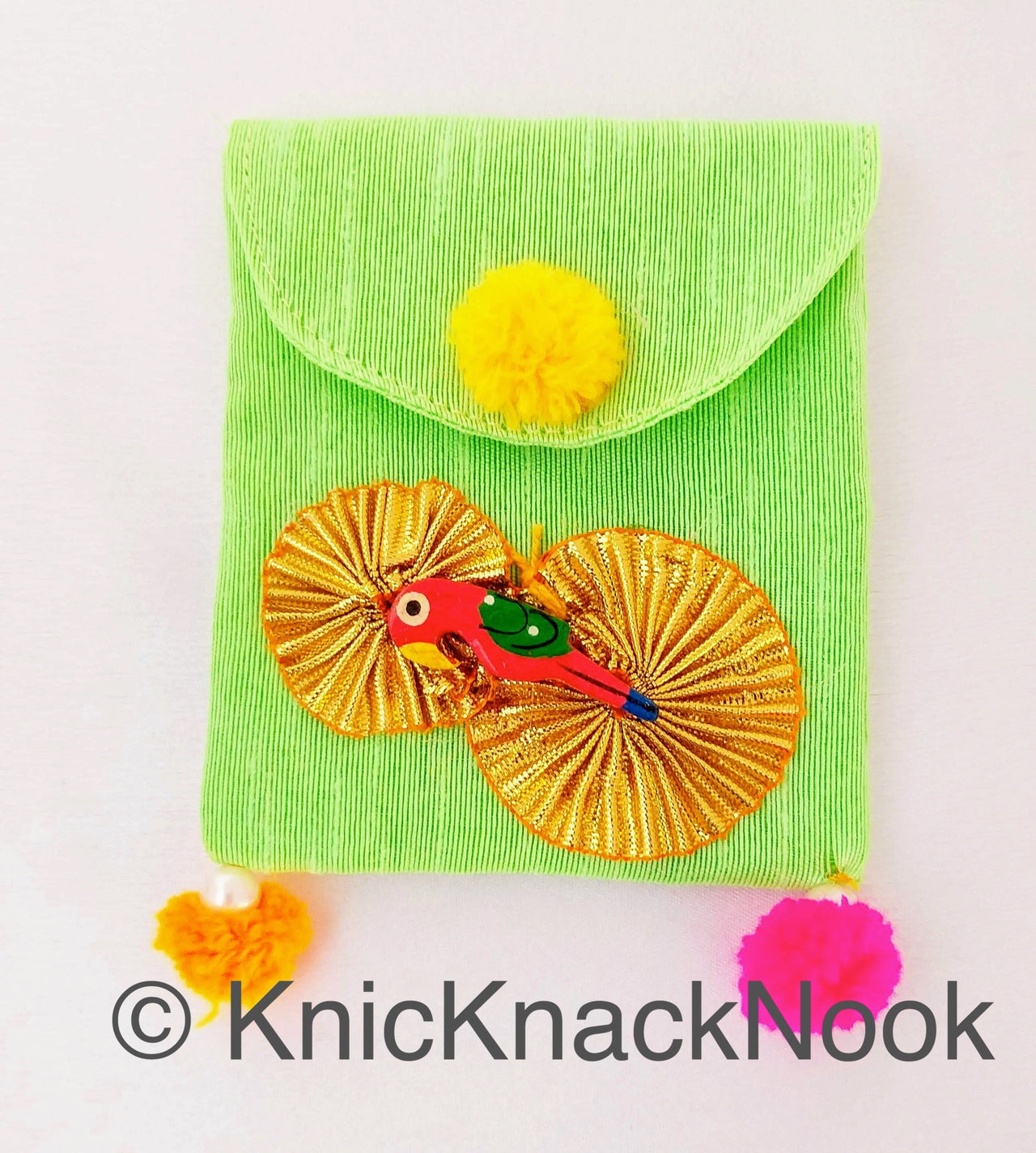Sulu Green Gift Envelope Pouch Embellished PomPoms Gold Ribbon Wood Parrot Designer Unique Gift Money Envelope Wedding Gift