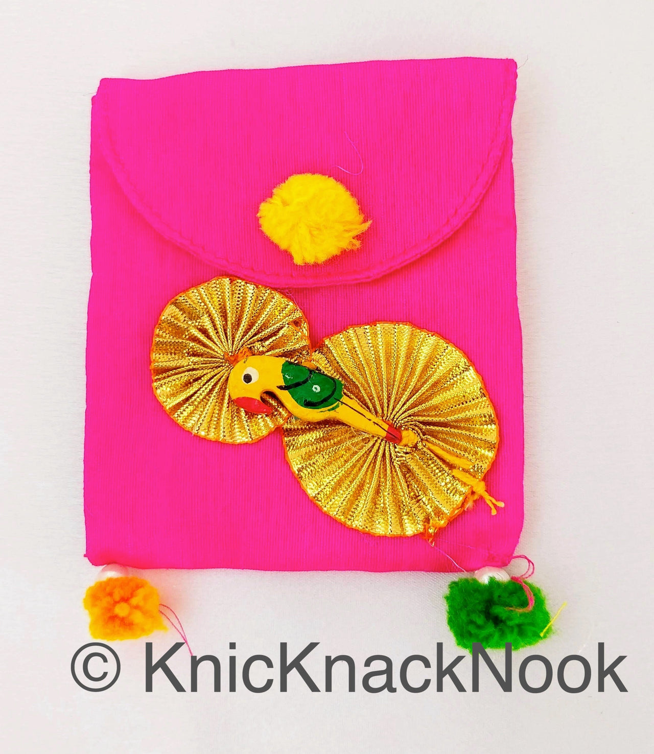Fuchsia Pink Gift Envelope Pouch Embellished PomPoms Gold Ribbon Wood Parrot Designer Unique Gift Money Envelope Wedding Gift