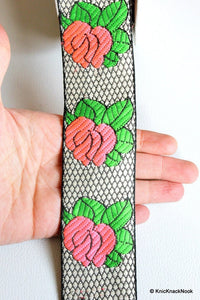 Thumbnail for Wholesale Black And White Lace With Pink Rose And Green Leaves Floral Trim, Approx. 47mm wide Rose Jacquard Trim Wholesale Trim By 9 Yards
