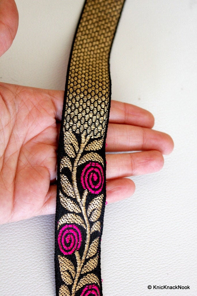 Wholesale Black Trim With Fuchsia Rose And Gold Leaves, Approx. 30mm Wide, Indian Jacquard Trim Sari Border Trim By 9 Yards