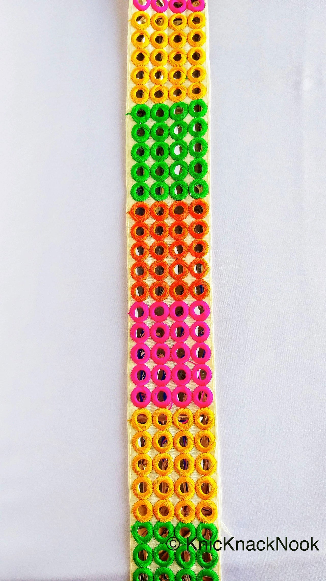 Wholesale Beige Fabric Mirrored Trim With Green, Orange, Yellow And Pink Embroidery With Mirrors