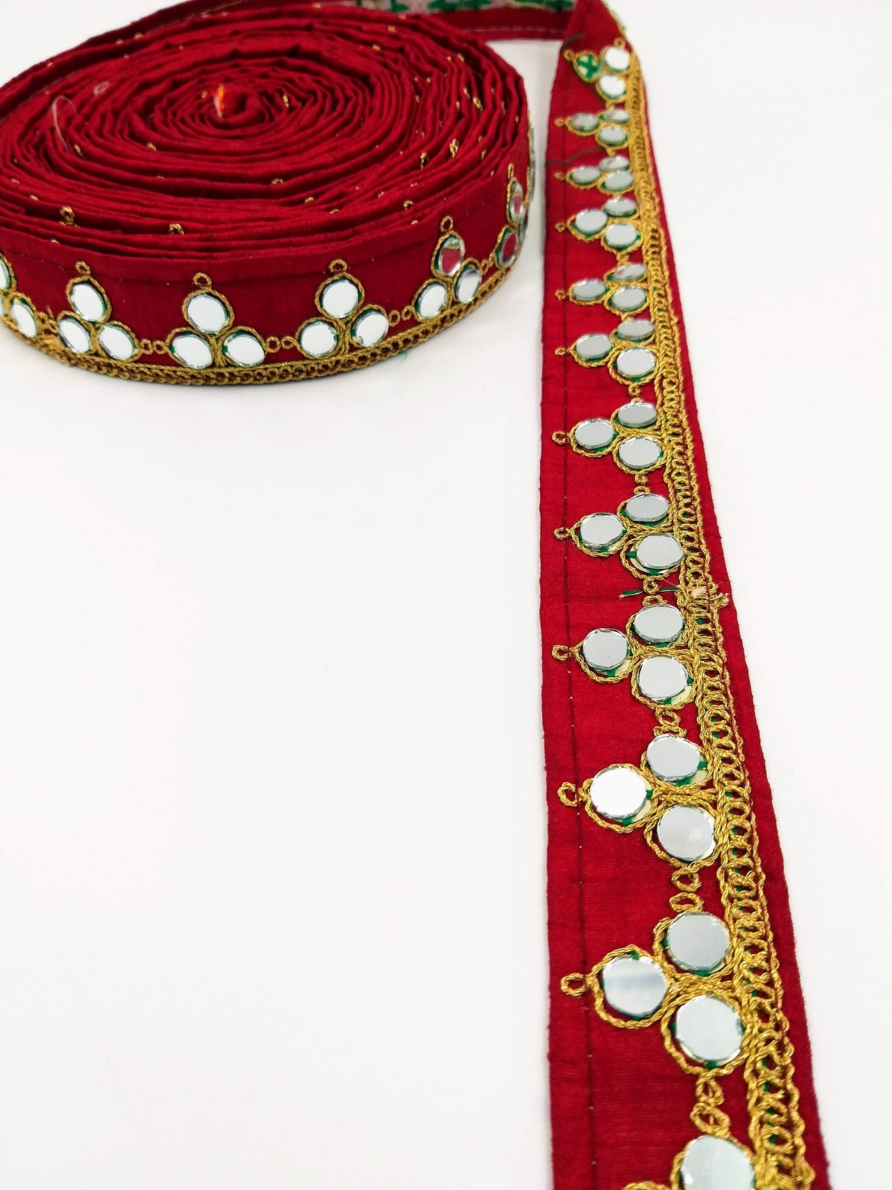 Maroon Red Silk Trim With Mirrors Embellishments and Gold Embroidery, Approx. 34mm Wide, Decorative Trim Costume Trim Fashion Trim By Yard