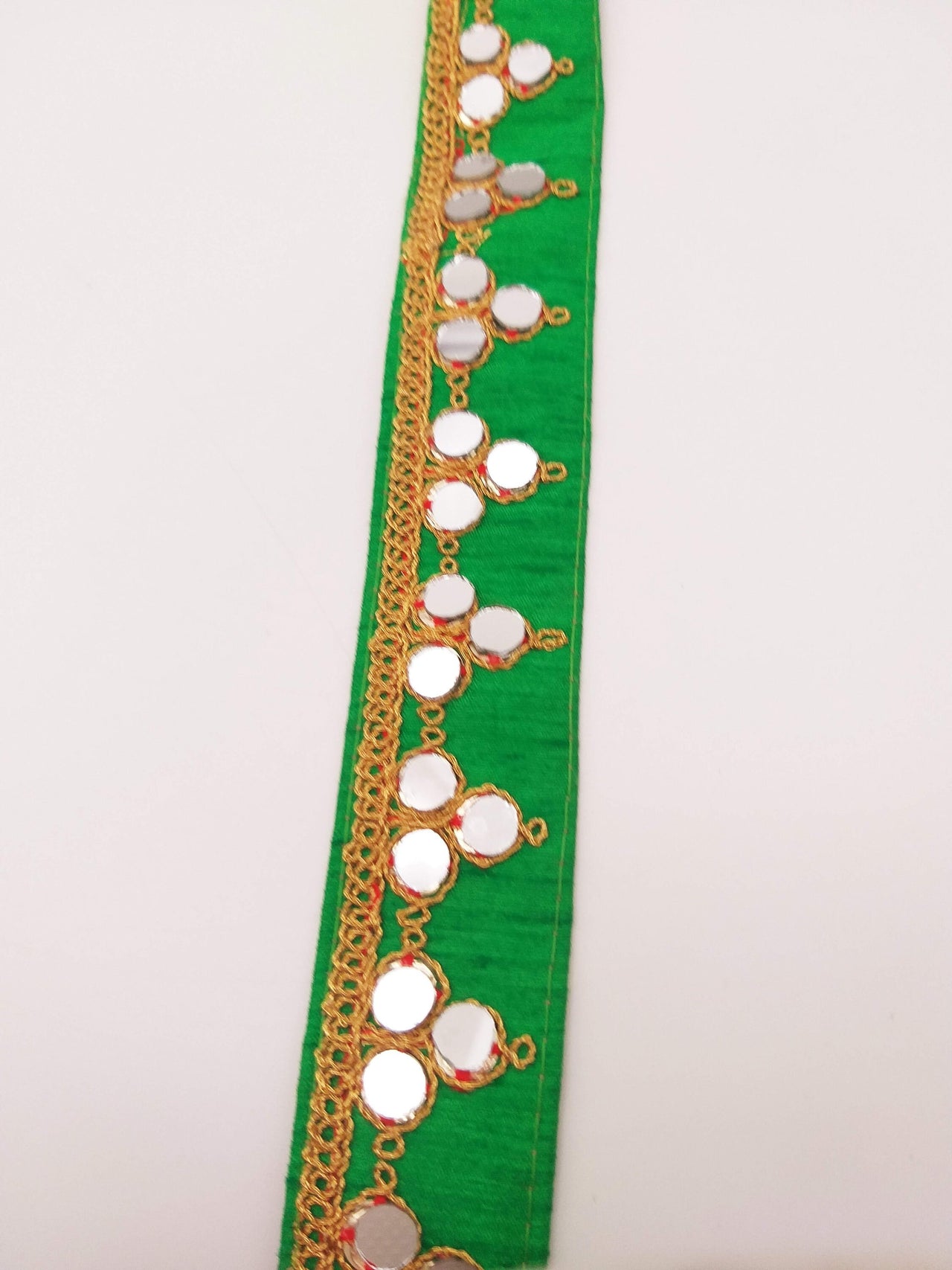 Green Silk Trim With Mirrors Embellishments and Gold Embroidery, Approx. 34mm Wide, Decorative Trim Costume Trim Fashion Trim By Yard