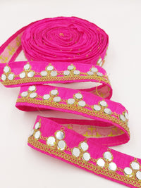 Thumbnail for Fuchsia Pink Silk Trim With Mirrors Embellishments and Gold Embroidery, Approx. 34mm Wide, Decorative Trim Costume Trim Fashion Trim By Yard