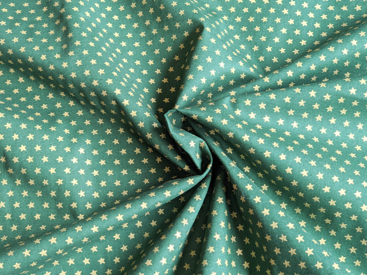 Bottle Green Cotton Poplin Fabric With Gold Stars Christmas Fabric, Festive Fabric, Holiday Fabric