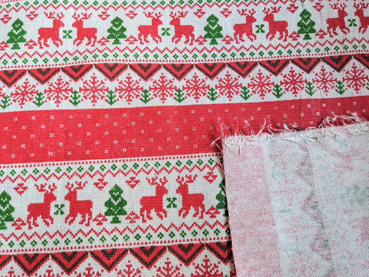 Reindeer Snowflakes Stripes Canvas Fabric, Red And White Fabric, Scandinavian Christmas Fabric