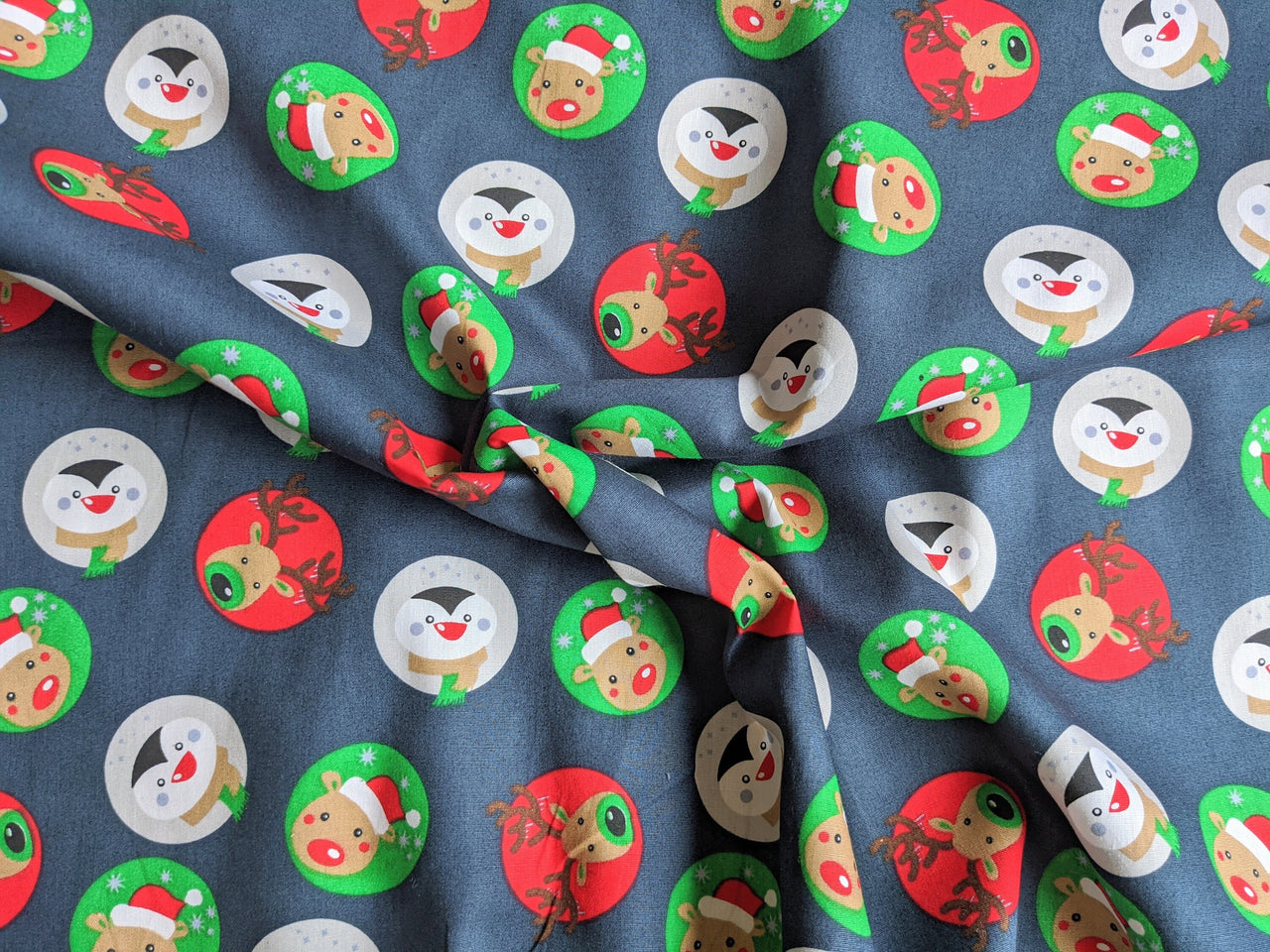 Blue Reindeers Penguins Cotton Poplin Fabric Christmas Fabric, Festive Fabric, Holiday Fabric