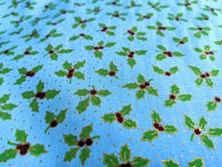 Thumbnail for Turquoise Green Cotton Holly Berry Christmas Fabric, Festive Fabric, Holiday Fabric