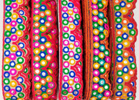 Thumbnail for Beige Multicoloured Indian Mirror Trim, Kutch Embroidered Navratri Garba Dress Trim Bridal Lace, Indian Sari Border 42 mm Wide Trim Per Yard