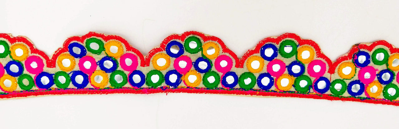 Beige Multicoloured Indian Mirror Trim, Kutch Embroidered Navratri Garba Dress Trim Bridal Lace, Indian Sari Border 42 mm Wide Trim Per Yard