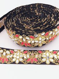 Thumbnail for Black Decorative Art Silk Fabric Trim, Mirrored Floral Embroidery, Embroidered Trim In Red and Gold Approx. 40 mm Indian Laces