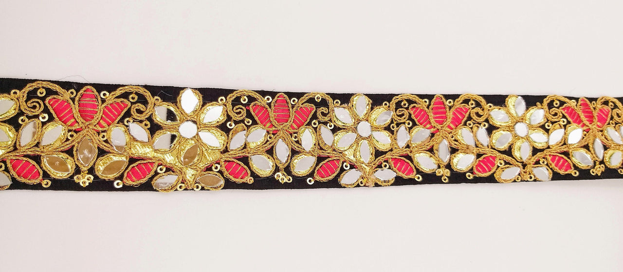 Black Decorative Art Silk Fabric Trim, Mirrored Floral Embroidery, Embroidered Trim In Red and Gold Approx. 40 mm Indian Laces