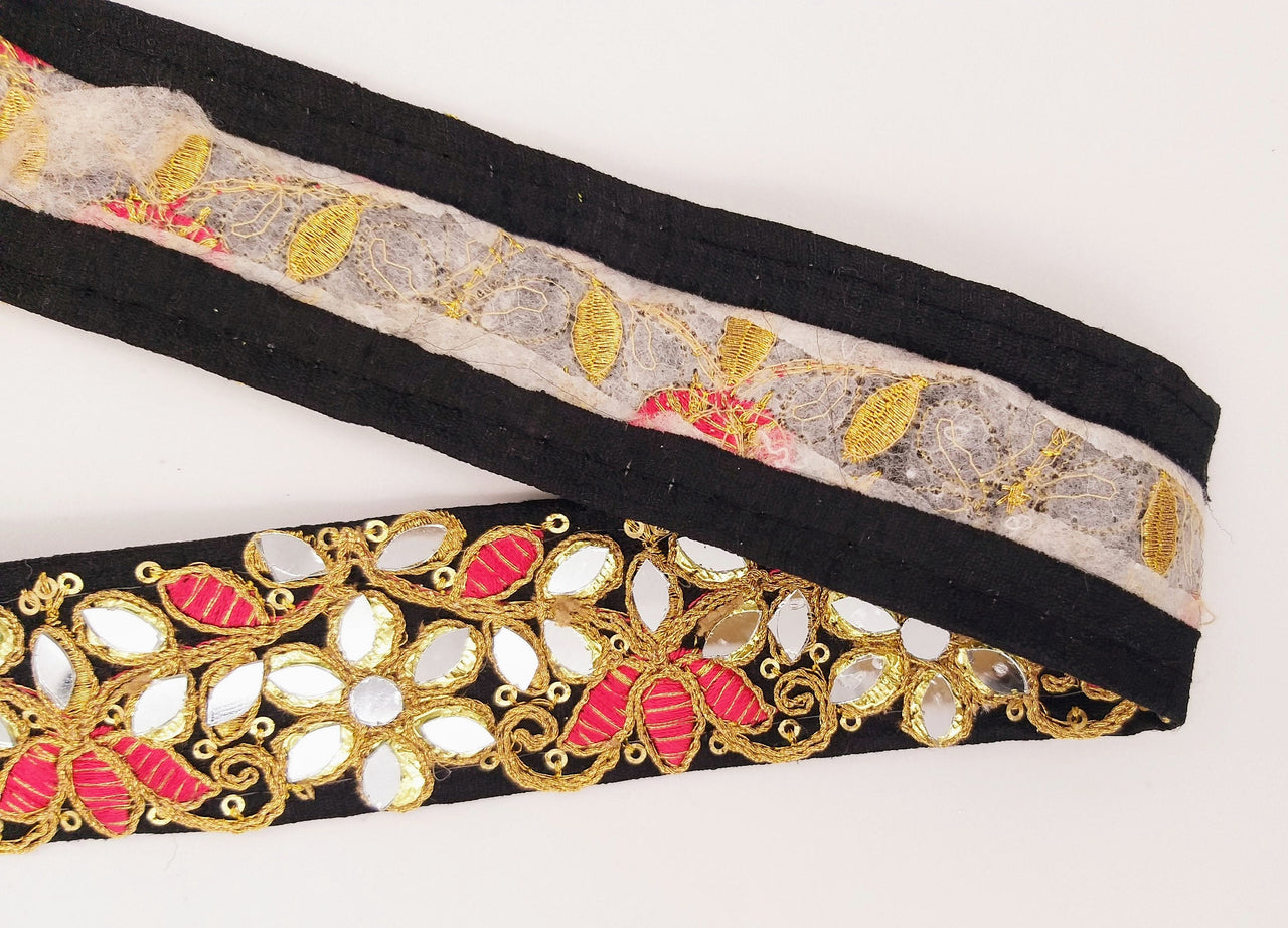 Black Decorative Art Silk Fabric Trim, Mirrored Floral Embroidery, Embroidered Trim In Red and Gold Approx. 40 mm Indian Laces