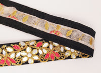 Thumbnail for Black Decorative Art Silk Fabric Trim, Mirrored Floral Embroidery, Embroidered Trim In Red and Gold Approx. 40 mm Indian Laces