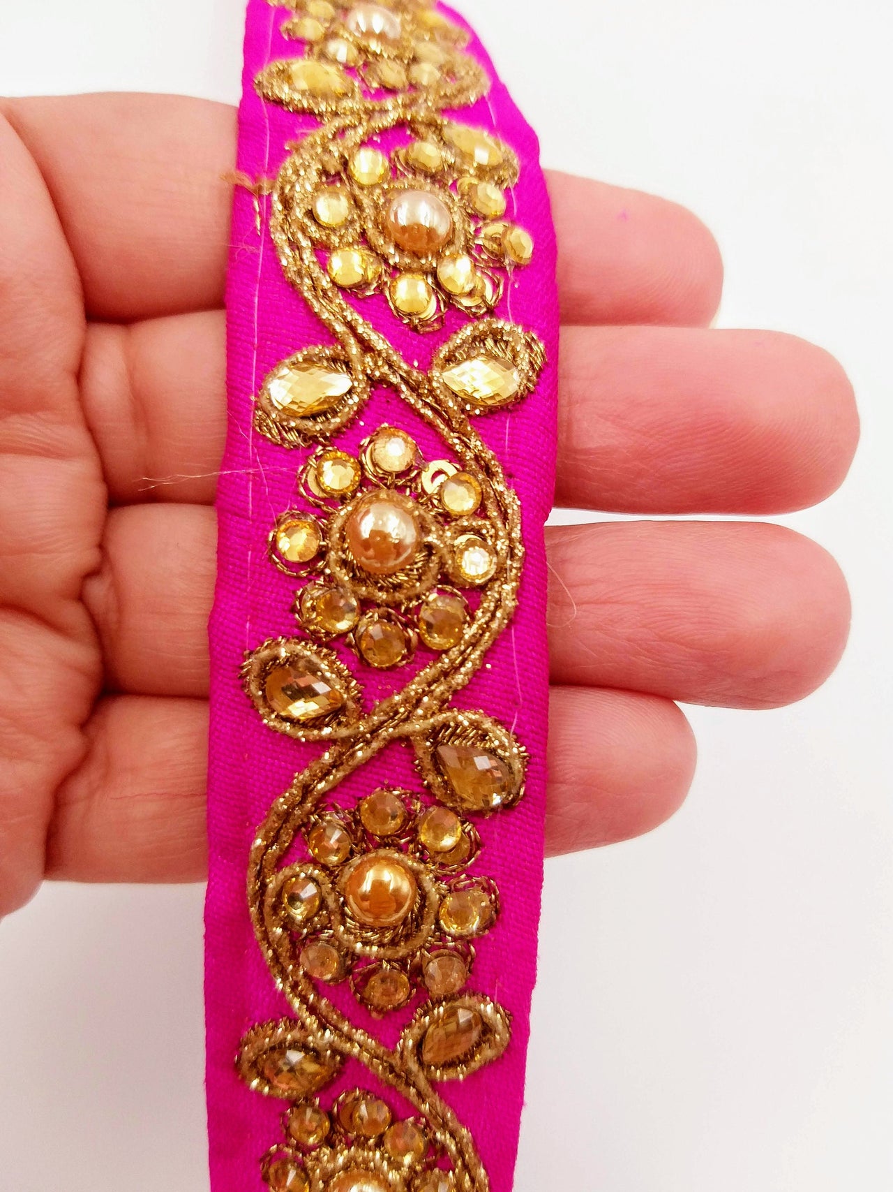 Fuchsia Pink Silk Fabric Lace Trim Floral Embroidery & Indian Stones Kundan Embellishment, Decorative Sari Trim, Floral Border Trim By Yard