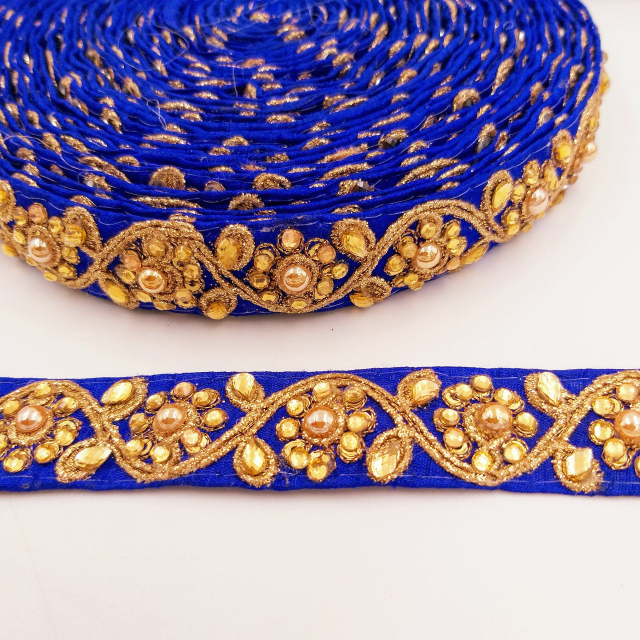 Royal Blue Silk Fabric Lace Trim Floral Embroidery & Indian Stones Kundan Embellishment, Decorative Sari Trim, Floral Border Trim By Yard