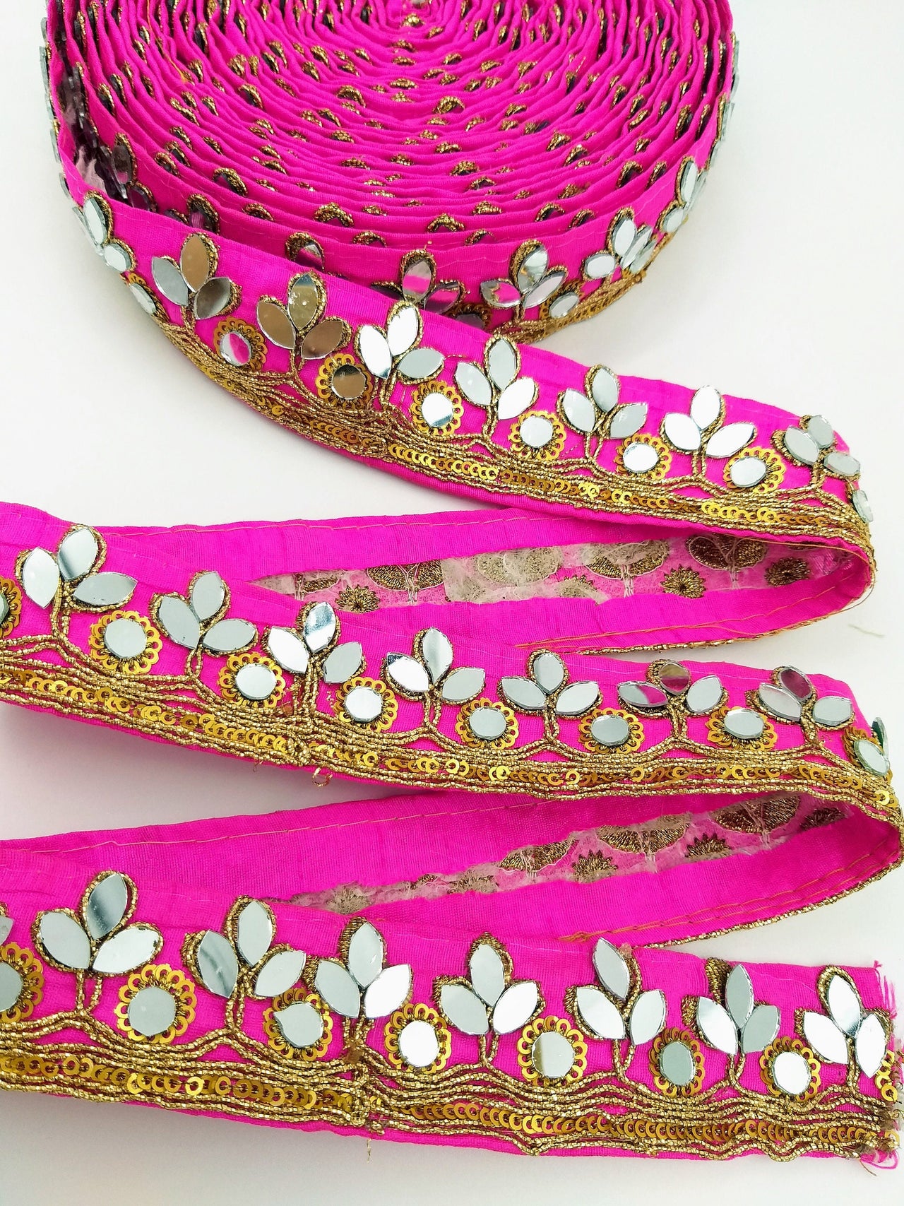Fuchsia Pink Silk Trim With Mirrors Embellishments and Gold Embroidery, Approx. 34mm Wide, Decorative Trim Costume Trim Fashion Trim By Yard