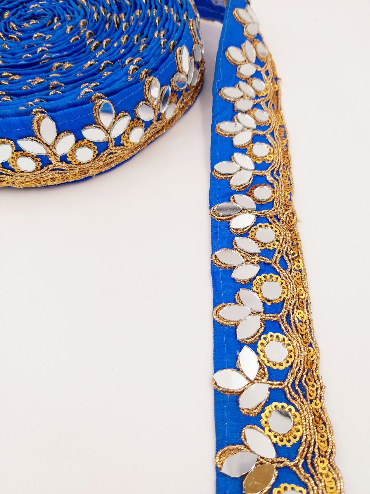 Royal Blue Silk Trim With Mirrors Embellishments and Gold Embroidery, Approx. 34mm Wide, Decorative Trim Costume Trim Fashion Trim By Yard