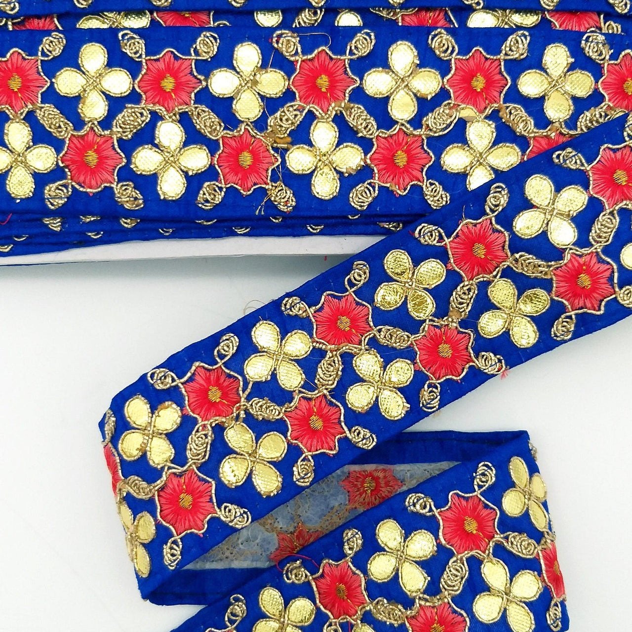 Royal Blue Art Silk Fabric Trim, Salmon Pink & Gold Floral Embroidery Gota Patti Indian Sari Border Trim By Yard Decorative Trim Craft Lace