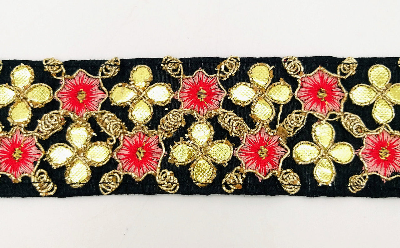 Black Art Silk Fabric Trim, Salmon Pink & Gold Floral Embroidery Gota Patti Indian Sari Border Trim By Yard Decorative Trim Craft Lace