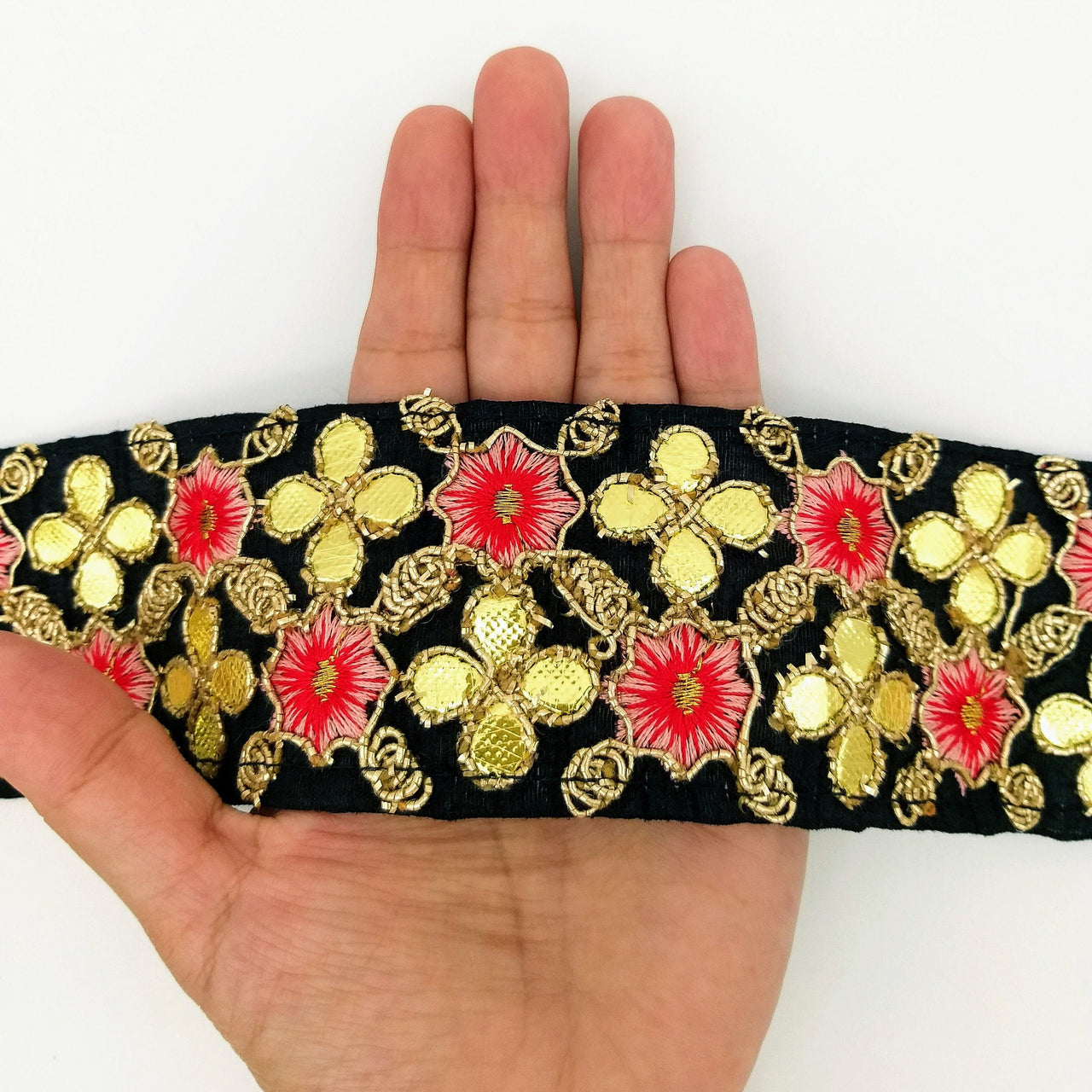 Black Art Silk Fabric Trim, Salmon Pink & Gold Floral Embroidery Gota Patti Indian Sari Border Trim By Yard Decorative Trim Craft Lace