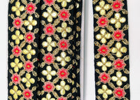 Thumbnail for Black Art Silk Fabric Trim, Salmon Pink & Gold Floral Embroidery Gota Patti Indian Sari Border Trim By Yard Decorative Trim Craft Lace