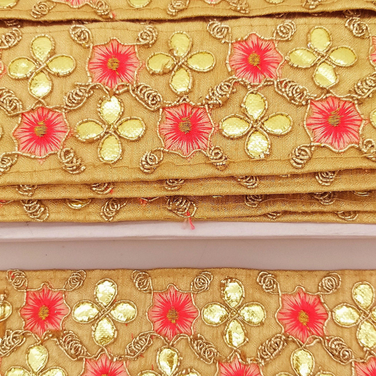 Beige Art Silk Fabric Trim, Salmon Pink & Gold Floral Embroidery Gota Patti Indian Sari Border Trim By Yard Decorative Trim Craft Lace