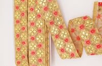 Thumbnail for Beige Art Silk Fabric Trim, Salmon Pink & Gold Floral Embroidery Gota Patti Indian Sari Border Trim By Yard Decorative Trim Craft Lace