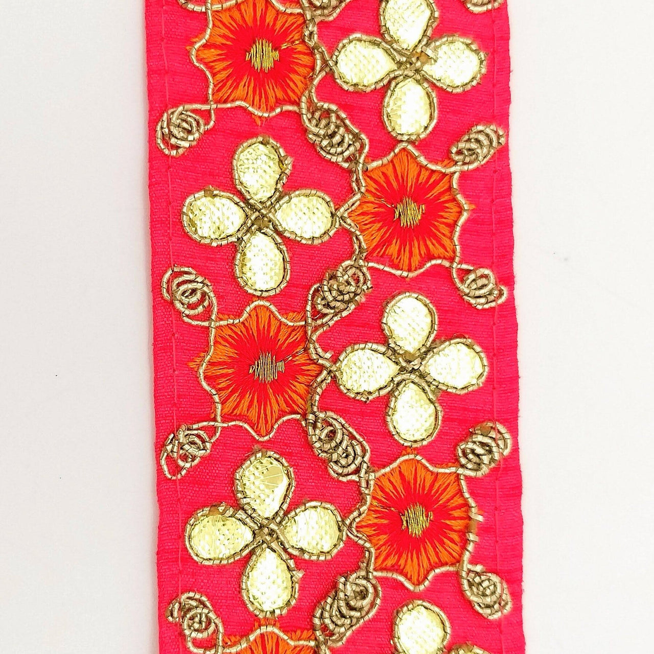 Radical Red Art Silk Fabric Trim, Orange & Gold Floral Embroidery Gota Patti Indian Sari Border Trim By Yard Decorative Trim Craft Lace