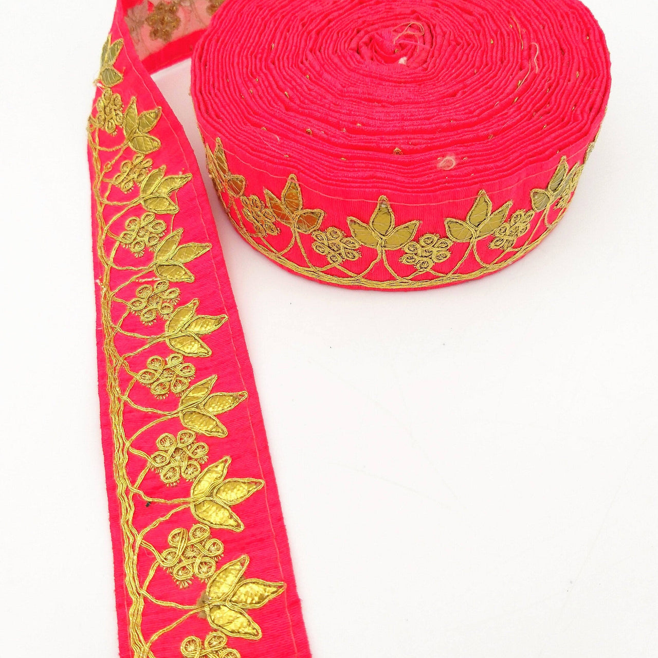 Radical Red Art Silk Fabric Trim, Gold Floral Embroidery Gota Patti Indian Sari Border Trim By Yard Decorative Trim Craft Lace