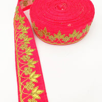 Thumbnail for Radical Red Art Silk Fabric Trim, Gold Floral Embroidery Gota Patti Indian Sari Border Trim By Yard Decorative Trim Craft Lace