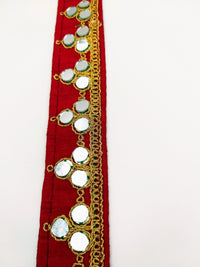 Thumbnail for Maroon Red Silk Trim With Mirrors Embellishments and Gold Embroidery, Approx. 34mm Wide, Decorative Trim Costume Trim Fashion Trim By Yard