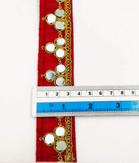 Thumbnail for Maroon Red Silk Trim With Mirrors Embellishments and Gold Embroidery, Approx. 34mm Wide, Decorative Trim Costume Trim Fashion Trim By Yard