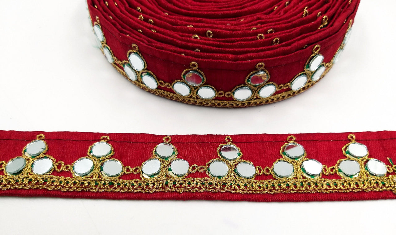 Maroon Red Silk Trim With Mirrors Embellishments and Gold Embroidery, Approx. 34mm Wide, Decorative Trim Costume Trim Fashion Trim By Yard
