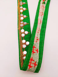Thumbnail for Green Silk Trim With Mirrors Embellishments and Gold Embroidery, Approx. 34mm Wide, Decorative Trim Costume Trim Fashion Trim By Yard
