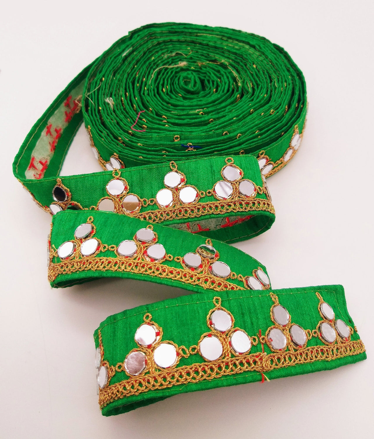 Green Silk Trim With Mirrors Embellishments and Gold Embroidery, Approx. 34mm Wide, Decorative Trim Costume Trim Fashion Trim By Yard