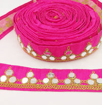 Thumbnail for Fuchsia Pink Silk Trim With Mirrors Embellishments and Gold Embroidery, Approx. 34mm Wide, Decorative Trim Costume Trim Fashion Trim By Yard