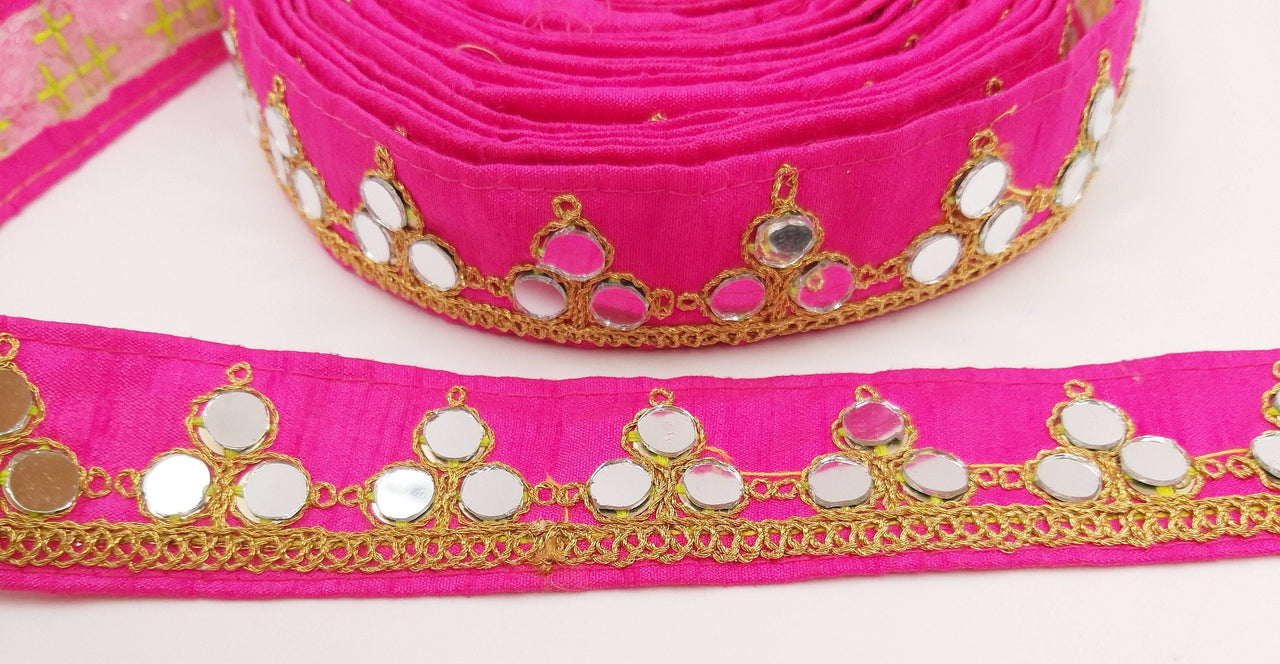 Fuchsia Pink Silk Trim With Mirrors Embellishments and Gold Embroidery, Approx. 34mm Wide, Decorative Trim Costume Trim Fashion Trim By Yard