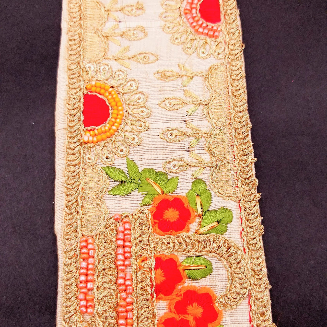 Beige Art Silk Fabric Trim With Green, Orange, Red And Gold Floral Embroidery