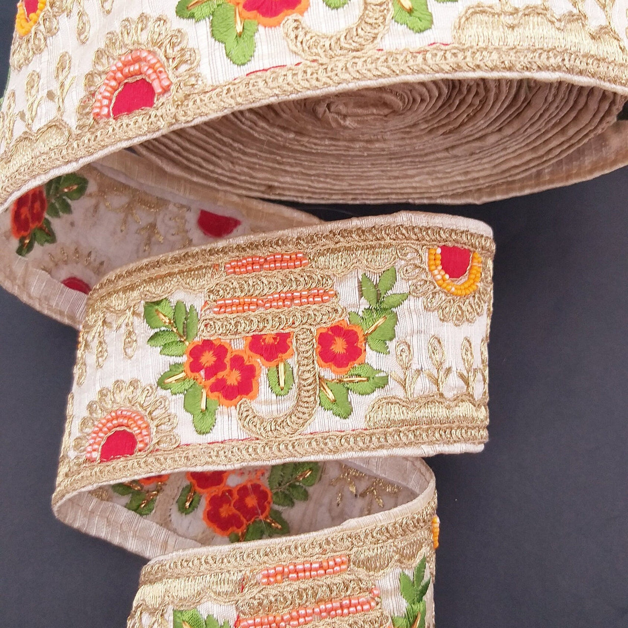 Beige Art Silk Fabric Trim With Green, Orange, Red And Gold Floral Embroidery