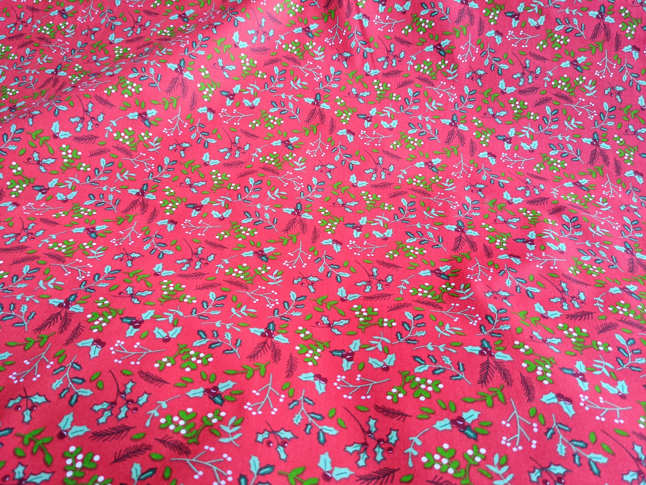 Red Sally Polycotton Holly Leaves Christmas Fabric, Festive Fabric, Holiday Fabric