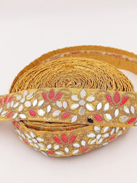 Thumbnail for Beige Decorative Art Silk Fabric Trim, Mirrored Floral Embroidery, Embroidered Trim In Salmon Pink and Gold Approx. 40 mm Indian Laces