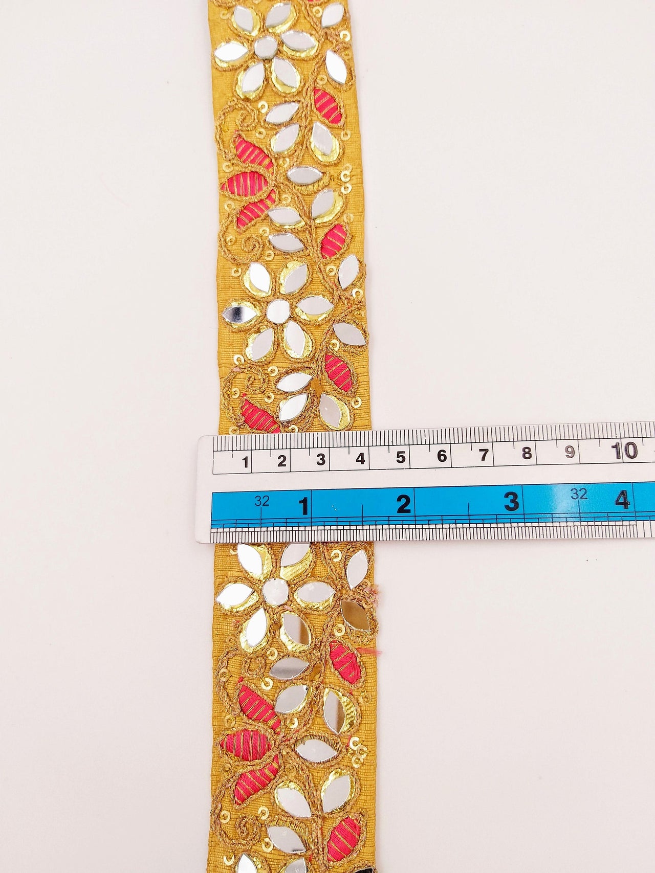 Beige Decorative Art Silk Fabric Trim, Mirrored Floral Embroidery, Embroidered Trim In Salmon Pink and Gold Approx. 40 mm Indian Laces