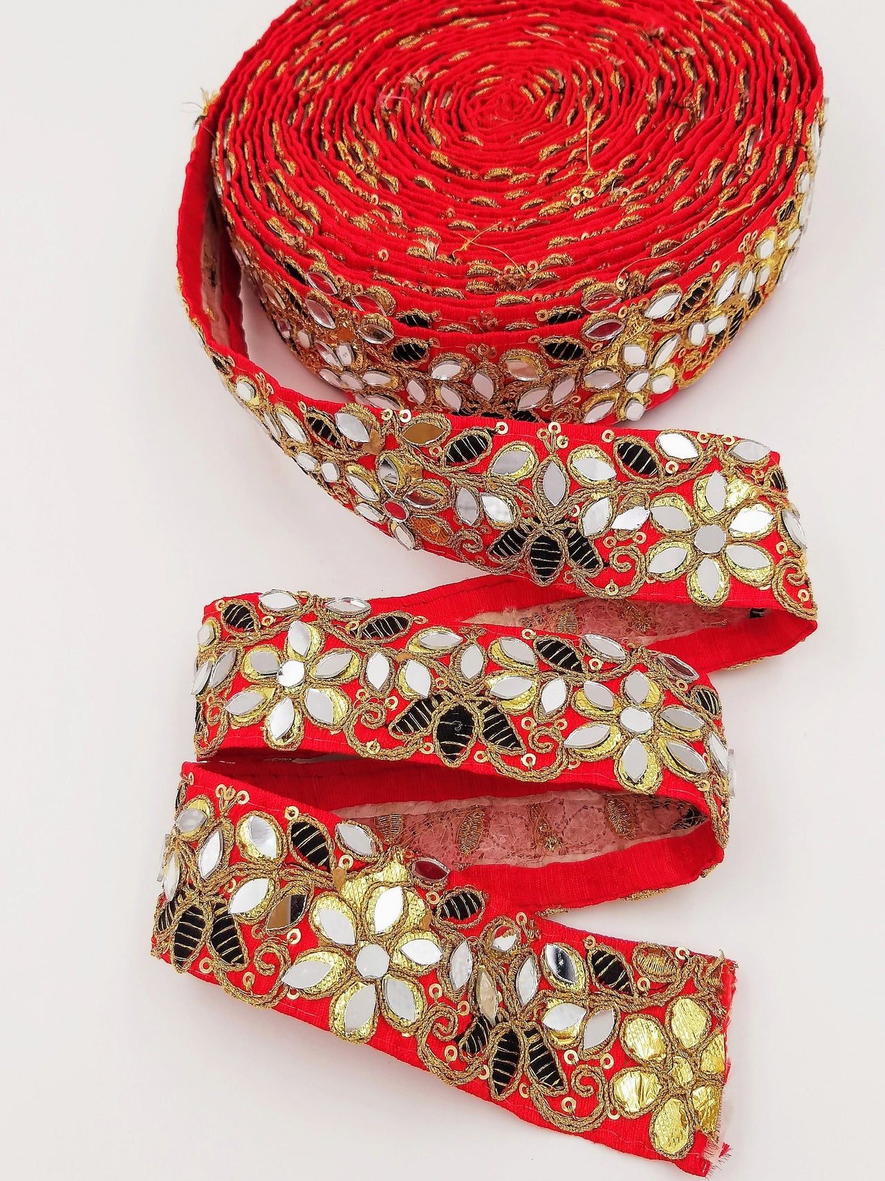 Red Decorative Art Silk Fabric Trim, Mirrored Floral Embroidery, Embroidered Trim In Black and Gold Approx. 40 mm Indian Laces