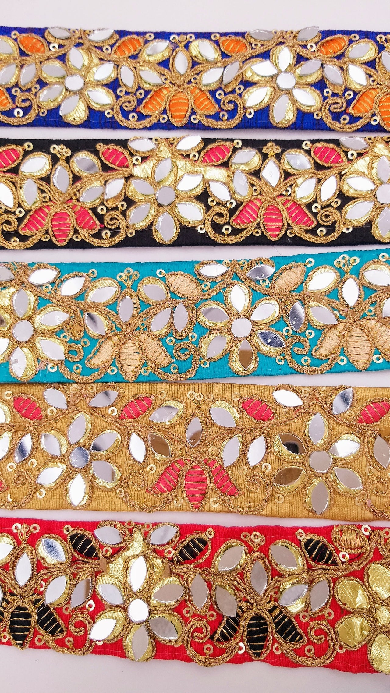 Red Decorative Art Silk Fabric Trim, Mirrored Floral Embroidery, Embroidered Trim In Black and Gold Approx. 40 mm Indian Laces