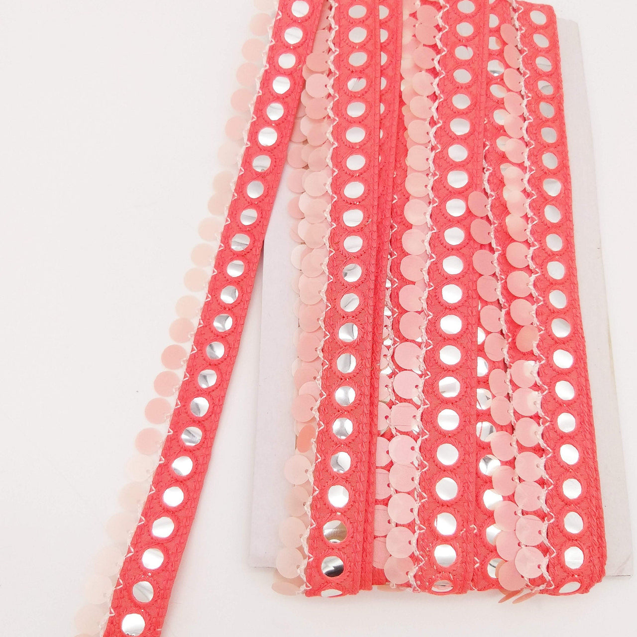 Salmon Pink Fringe Trim With Mirrors And Sequins Tassels, Boho, Bohemian Trim