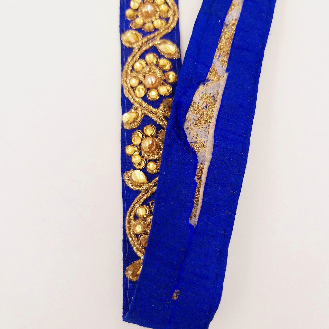 Royal Blue Silk Fabric Lace Trim Floral Embroidery & Indian Stones Kundan Embellishment, Decorative Sari Trim, Floral Border Trim By Yard