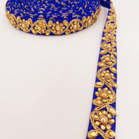 Thumbnail for Royal Blue Silk Fabric Lace Trim Floral Embroidery & Indian Stones Kundan Embellishment, Decorative Sari Trim, Floral Border Trim By Yard